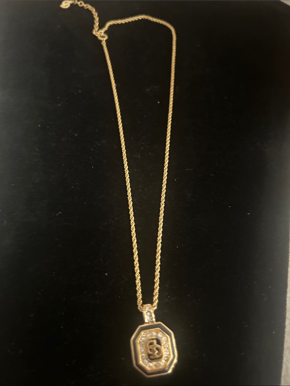 CHRISTIAN DIOR Gold Tone Pendant Necklace with Black Enamel and Crystal Accents